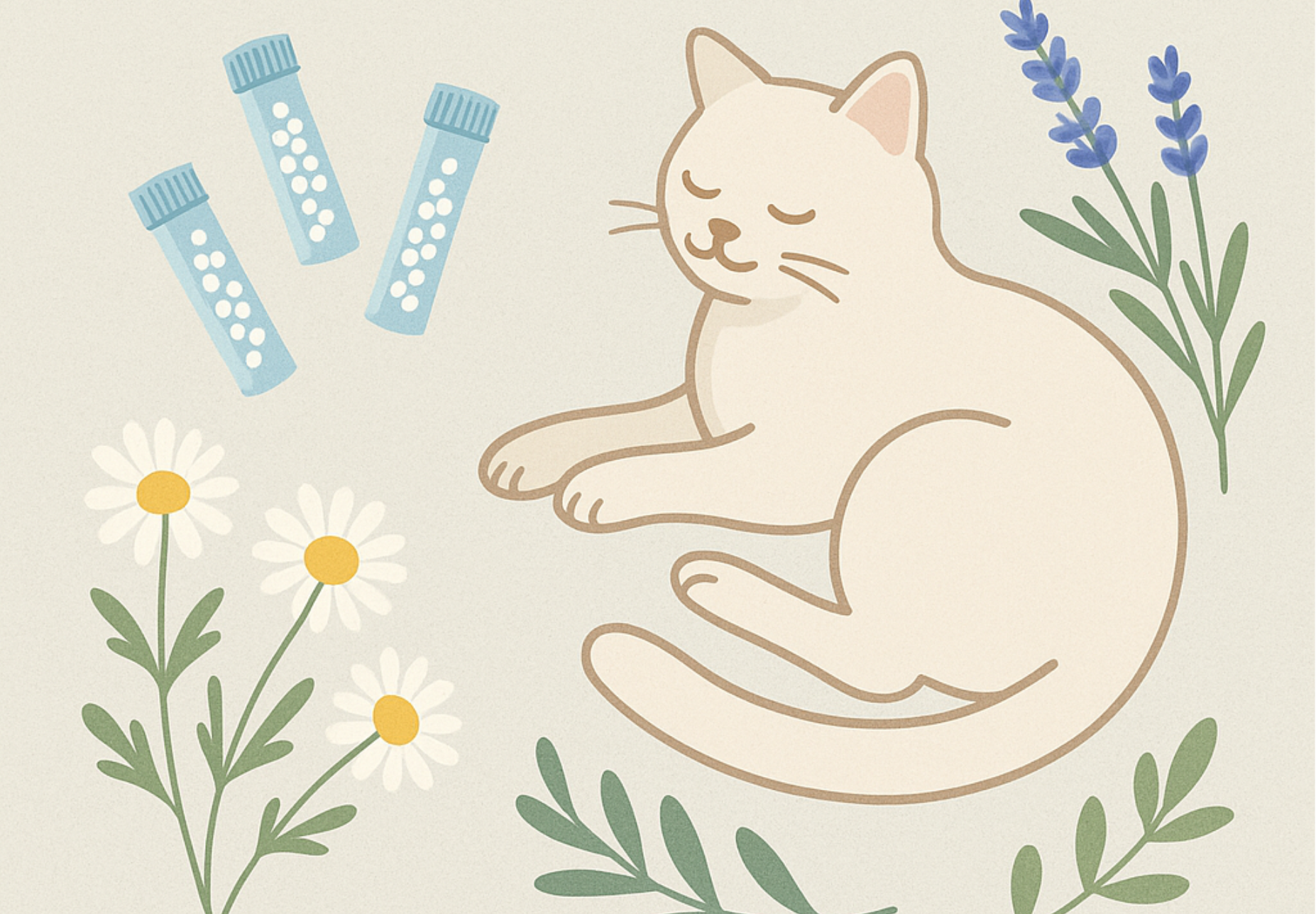 obrazek kota leżącego, obok tubki z lekami homeopatycznymi, kwiatami, lawendy, rumianku