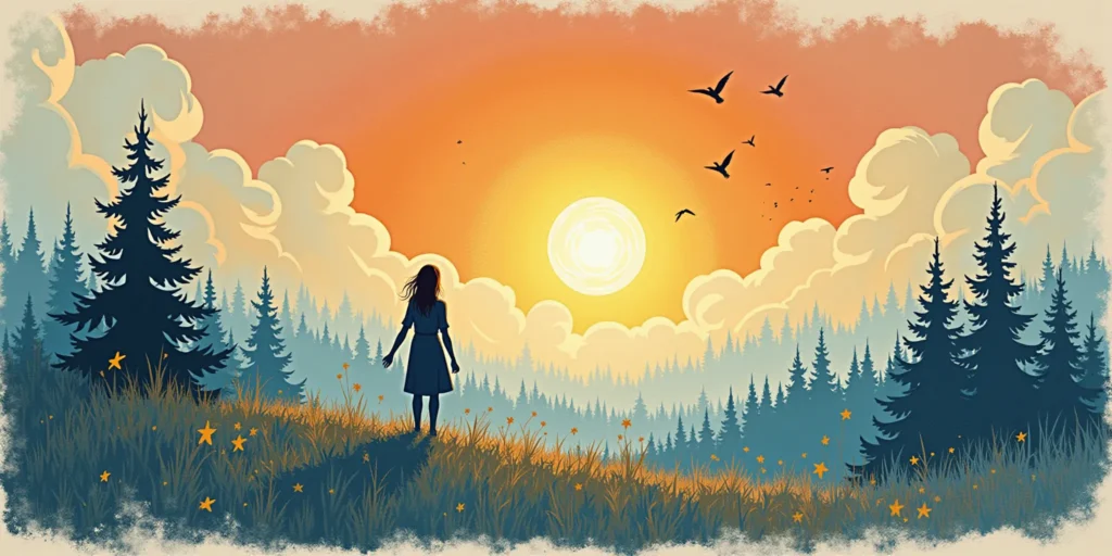 Obrazek kobiety w sukience która patrzy na dolinę zasłoniętą mgłą a z poza mgły wyłania się słońce.