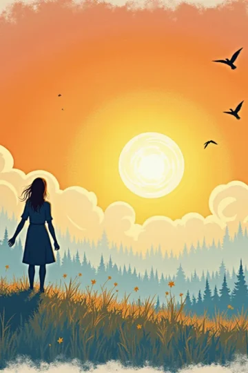 Obrazek kobiety w sukience która patrzy na dolinę zasłoniętą mgłą a z poza mgły wyłania się słońce.