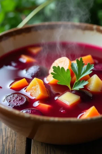 Parująca miska zupy z czerwonych buraków z widocznymi kawałkami warzyw – pokrojonych buraków, marchewki, korzenia pietruszki i ziemniaków – nie zmiksowanych, podana w rustykalnej ceramicznej misce na drewnianym stole. W otoczeniu świeżych, surowych buraków, czosnku, liści laurowych i ziół. Ciepłe, naturalne oświetlenie, niewielka głębia ostrości, skupienie na głębokim, rubinowym kolorze bulionu i pływających w nim żywych warzywach. Mała miseczka złocistej, podsmażonej cebulki obok. Przytulna, jesienna, domowa atmosfera z naturalnymi fakturami oraz poczuciem ciepła i spokoju.