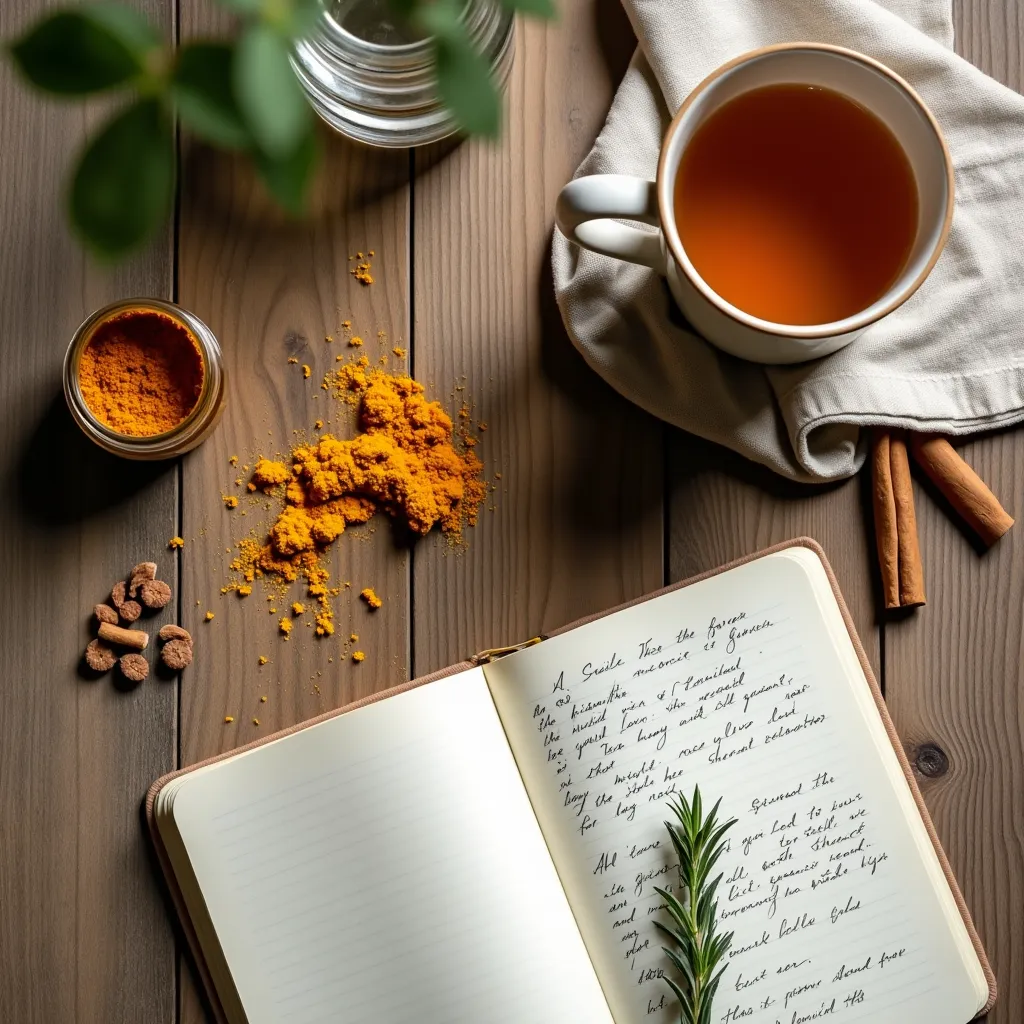 zdjęcie z ziołami, filiżanką herbaty, notatnikiem