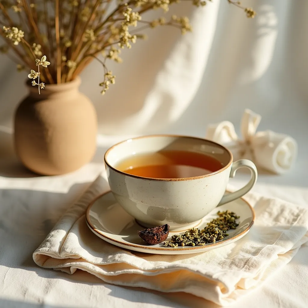 Spokojna, naturalna, martwa natura w klimacie wellness, suszone zioła, ceramiczna filiżanka herbaty ziołowej, lniana tkanina, delikatne poranne światło, ciepłe odcienie beżu, naturalna faktura, minimalistyczna atmosfera zen