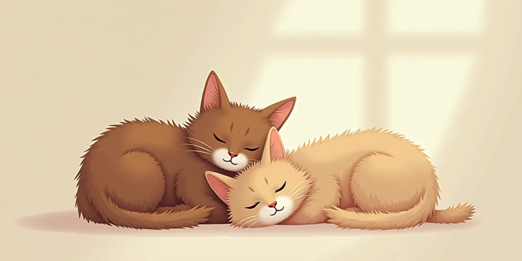 Delikatna ilustracja w ciepłych, naturalnych barwach – kot lub dwa koty w spokojnej pozie, np. leżące w świetle poranka lub wtulone w siebie. Atmosfera czułości, spokoju i więzi. Kolory: beż, ciepły brąz, miękki róż, kremowy.