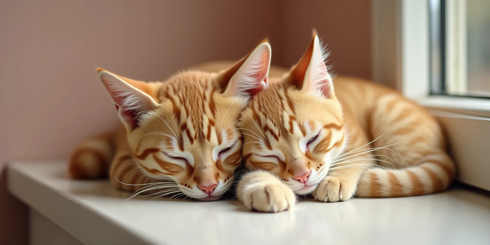 Delikatna zdjęcie w ciepłych, naturalnych barwach – kot lub dwa koty w spokojnej pozie, np. leżące w świetle poranka lub wtulone w siebie. Atmosfera czułości, spokoju i więzi. Kolory: beż, ciepły brąz, miękki róż, kremowy.