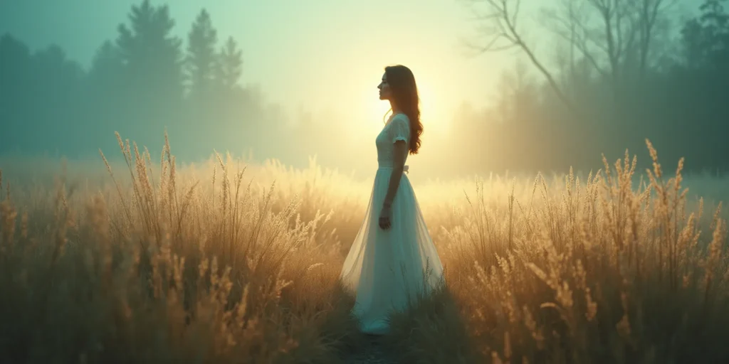 Eteryczna, tajemnicza, a zarazem uspokajająca atmosfera, delikatne światło prześwitujące przez poranną mgłę, kobieta stojąca z zamkniętymi oczami i delikatnym wyrazem twarzy, otoczona naturą — roślinami, subtelne złote światło, turkusowe akcenty mieszające się z delikatnymi beżowymi i białymi tonami, symbolizujące połączenie ciała, umysłu i duszy, poczucie wewnętrznego spokoju i przebudzenia, kinowa kompozycja, marzycielska koncentracja, brak tekstu, brak logo, brak pozycji jogi, estetyczny, duchowy i elegancki nastrój, szeroka orientacja pozioma, naturalne kolory, głębia ostrości