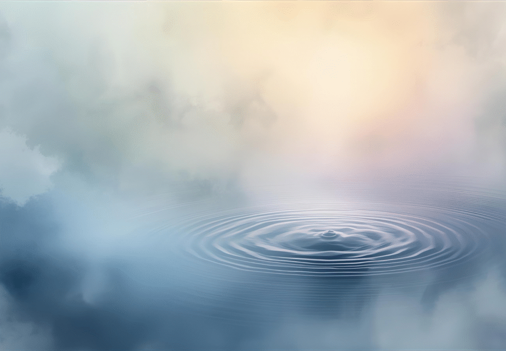 Delikatna, spokojna ilustracja przedstawiająca przestrzeń umysłu — subtelne fale, światło przechodzące przez mgłę lub głowę wypełnioną światłem. Pastelowe kolory, błękit, lawenda, odcienie szarości i beżu. Klimat medytacyjny, lekko duchowy, minimalistyczny.