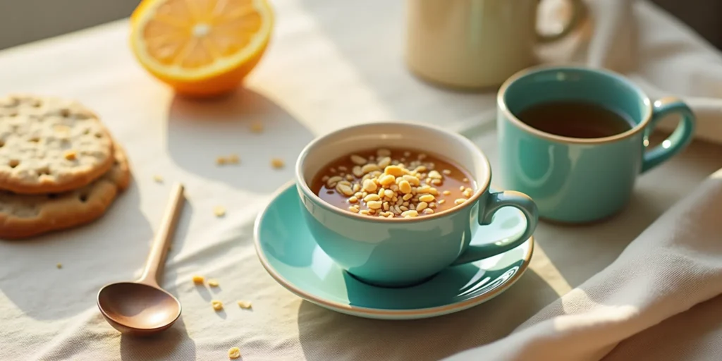 Naturalna, ciepła fotografia w stylu slow life — ceramiczna miska z owsianką, herbata w turkusowym kubku, lniany obrus, światło poranka. Klimat spokoju, prostoty i autentyczności. Kolory: beż, krem, turkus, ciepłe brązy.