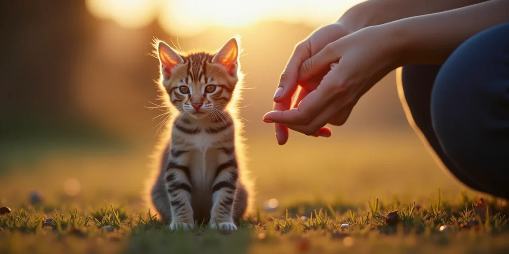Mały, delikatny, bezdomny kotek siedzący w ciepłym, miękkim wieczornym świetle; delikatne, życzliwe dłonie wyciągnięte w jego kierunku; atmosfera współczucia, czułości i cichego uzdrowienia; niewielka głębia ostrości; ciepłe, złote tony; poczucie nadziei i bezpieczeństwa; zdjęcie zrobione obiektywem 50 mm, przy świetle naturalnym.