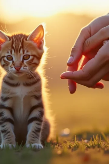 Mały, delikatny, bezdomny kotek siedzący w ciepłym, miękkim wieczornym świetle; delikatne, życzliwe dłonie wyciągnięte w jego kierunku; atmosfera współczucia, czułości i cichego uzdrowienia; niewielka głębia ostrości; ciepłe, złote tony; poczucie nadziei i bezpieczeństwa; zdjęcie zrobione obiektywem 50 mm, przy świetle naturalnym.