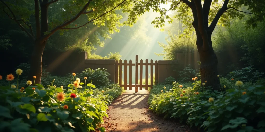 Symboliczne zdjęcie przedstawiające granice emocjonalne – bujny, nasłoneczniony ogród otoczony naturalnym drewnianym płotem lub kamiennym murem, z delikatnym światłem przesączającym się przez liście. Atmosfera jest spokojna, a zarazem potężna, ukazując kontrast między bezpiecznym, tętniącym życiem wnętrzem a nieokreślonym, mrocznym otoczeniem. Żadnych ludzi ani zwierząt – jedynie poczucie świętej, chronionej przestrzeni. Nastrój: introspektywny, ciepły, ugruntowany. Styl: artystyczny, minimalistyczny, lekko mistyczny.