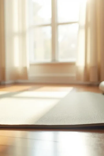 Minimalistyczna, spokojna przestrzeń do praktyki. Miękka mata do jogi leży na drewnianej podłodze, delikatne naturalne światło wpada przez okno, subtelne ciepłe barwy, poczucie intymności i ciszy, lekka mgiełka światła, estetyka.