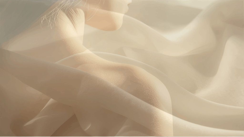 Delikatne, minimalistyczne, abstrakcyjne zdjęcie. Zbliżenie delikatnej, półprzezroczystej tkaniny, delikatnie się układającej i płynącej, symbolizującej powięź. Naturalne, ciepłe światło, subtelne cienie, kremowe odcienie beżu. Uczucie rozluźnienia, miękkości, powolnego ruchu. W tle obraz kobiety, jako symbol delikatności.