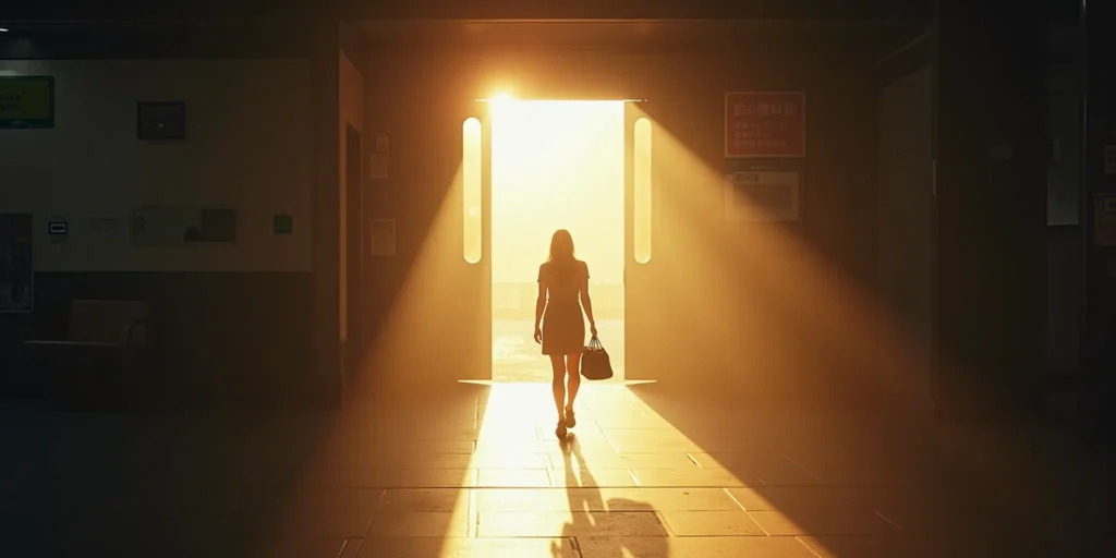 kobieta na stacji idąca w stronę światła, symbol wyjścia z cienia emocji do jasności
