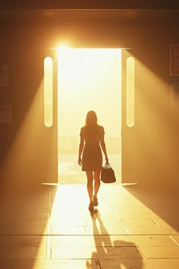 kobieta na stacji idąca w stronę światła, symbol wyjścia z cienia emocji do jasności