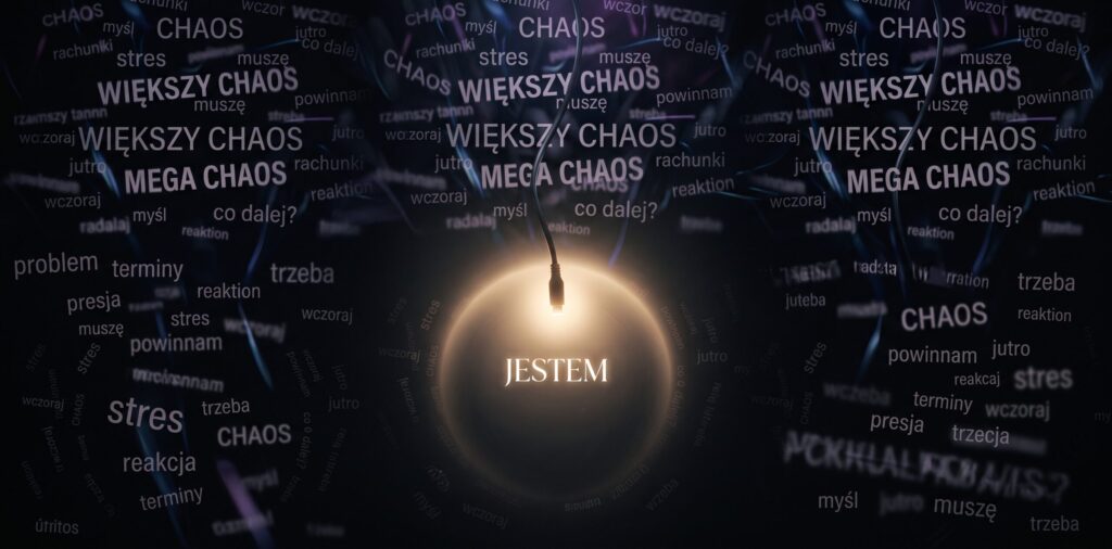 Symboliczna grafika medytacji: cyfrowy chaos, odłączony kabel, światło i słowo „JESTEM” symbolizujące wylogowanie z Matrixa.