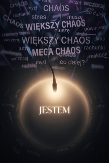 Symboliczna grafika medytacji: cyfrowy chaos, odłączony kabel, światło i słowo „JESTEM” symbolizujące wylogowanie z Matrixa.